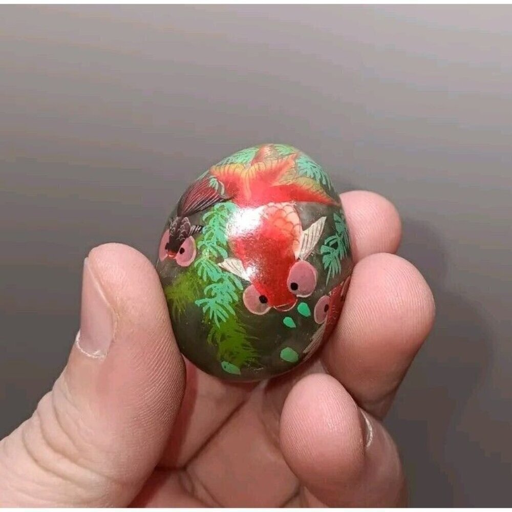 RARE Vintage Jade Hand Painted Japanese Koi Fish Mini Egg